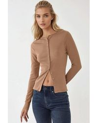 Hiccup - Textured Knit Slim Fit Long Sleeve Blouse With Buttons - Lyst