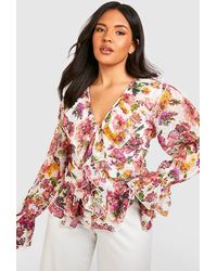 Boohoo - Plus Floral Ruffle Front Dobby Mesh Blouse - Lyst