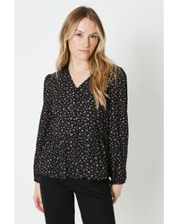 MAINE - Black Ditsy Floral Long Sleeve Button Front Tie Blouse - Lyst