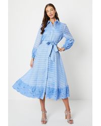 Coast - Lace And Stripe Organza Belted Shirt Dress With 3/4 Sleeve - Lyst