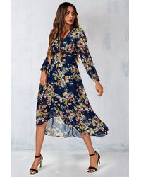 FS Collection - Floral Print Lace Trim Deep V Neck Long Sleeve Midi Dress In Navy - Lyst