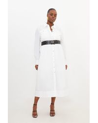 Karen Millen - Plus Size Cotton Poplin Pu Belted Midaxi Woven Shirt Dress - Lyst
