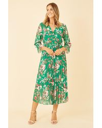 Yumi' - Green Floral Print Midi Wrap Dress With Pleated Skirt - Lyst