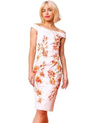 D.u.s.k - Fitted Bardot Floral Print Ruched Dress - Lyst