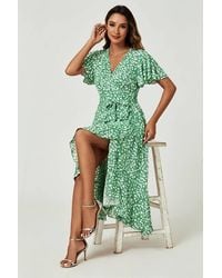 FS Collection - Floral Wrap Front Flutter Sleeve Midi Dress - Lyst
