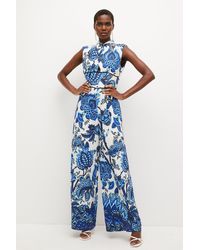 Karen Millen - Viscose Linen Batik Print Wide Leg Jumpsuit - Lyst