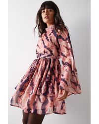 Warehouse - Abstract Print Flared Sleeve Chiffon Mini Dress - Lyst