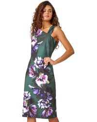 Roman - Floral Asymmetric Pleat Detail Stretch Dress - Lyst