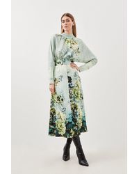 Karen Millen - Petite Garden Floral Woven Viscose Satin Batwing Midi Dress - Lyst