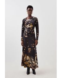 Karen Millen - Butterfly Print Asymmetric Jersey Crepe Maxi Dress - Lyst