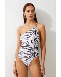 Karen Millen - Tiger Print One Shoulder Cut Out Swimsuit - Lyst