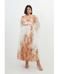 Karen Millen - Plus Size Border Print Floral And Satin Bodice Pleat Woven Maxi Dress - Lyst