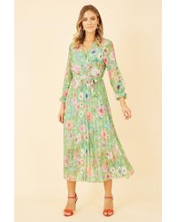 Yumi' - Green Floral Pleated Wrap Midi Dress - Lyst