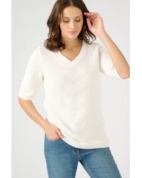DAMART - V-Neck Textured-Stitch Short Sleeve Cotton Blend Jumper - Lyst