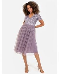 Maya Deluxe - Short Sleeve V Neck Embellished Midi Dress - Lyst