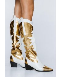 Nasty Gal - Faux Leather Contrast Knee High Cowboy Boots - Lyst