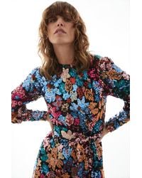 Warehouse - Floral Sequin Puff Sleeve Mini Dress - Lyst