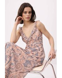 WOVCOR - Shawl Print Ruffle Strap Midi Chiffon Dress W/ A Flared Fit - Lyst