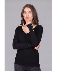 Solo - Ribbed V-Neck Jumper With Button Cuffs - Lyst