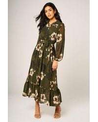 FS Collection - Floral Print Hem Detail Long Sleeve Shirt Midi Dress - Lyst