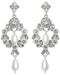Mood - Silver Plated Crystal And Pearl Floral Forward Facing Drop Earrings - Lyst