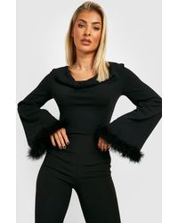 Boohoo - Cowl Neck Feather Trim Sleeve Blouse - Lyst