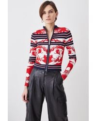 Karen Millen - Mirror Floral Jacquard Zip Through Long Sleeve Knit Jumper - Lyst