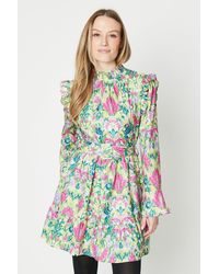 Oasis - Bright Floral Ruffle Shirred Neck Mini Dress - Lyst