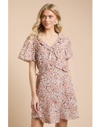 Dorothy Perkins - Tie Front Ruffle Sleeve Printed Mini Dress - Lyst