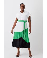 Karen Millen - Plus Size Colour Block Pleated Woven Midi Shirt Dress - Lyst