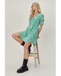 Nasty Gal - Floral Tie Front Frill Sleeve Mini Dress - Lyst