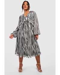 Boohoo - Plus Zebra Pleated Ruffle Waist Midi Skater Dress - Lyst