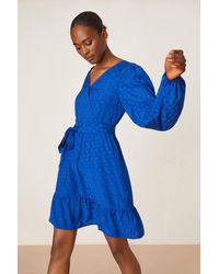 Dorothy Perkins - Tall Blue Spot Jacquard Tie Waist Wrap Mini Dress - Lyst