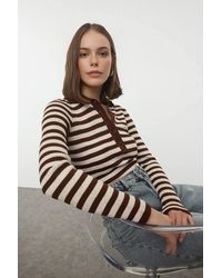 WOVCOR - Striped Ribbed Button-Front Fitted Knit Sweater W/ Polo Collar - Lyst