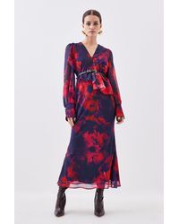 Karen Millen - Petite Floral Printed Georgette Belted Woven Maxi Dress - Lyst