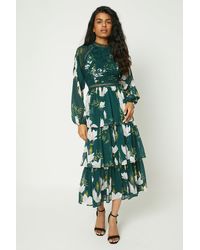 Oasis - Petite Green Floral Lace Trim Dobby Chiffon Tiered Midaxi Dress - Lyst