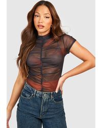 Boohoo - Tall Abstract Print High Neck Ruched Front Mesh Top - Lyst