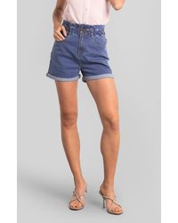 Enorsia - Denim Paperbag Waist Folded Hem Shorts - Lyst