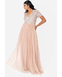 Maya Deluxe - Short Sleeve V Neck Embellished Maxi Dress - Lyst