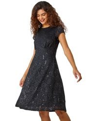 Roman - Sequin Fluted Hem Lace Stretch Dress - Lyst