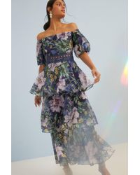 Oasis - Lyanna Floral Tiered Organza Bardot Midi Dress - Lyst