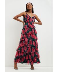 Dorothy Perkins - Rose Print Pleated Tiered Midaxi Dress - Lyst