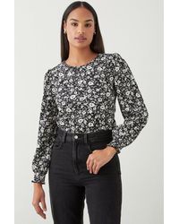 Dorothy Perkins - Petite Mono Ditsy Shirred Cuff Long Sleeve Top - Lyst