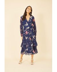 Yumi' - Navy Crane Print Long Sleeve Wrap Midi Dress - Lyst
