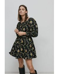 Warehouse - Floral Square Neck Belted Cotton Mini Dress - Lyst