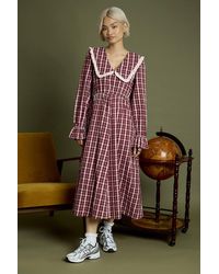 Neon Rose - Cotton Check V-Neck Midi Tea Dress - Lyst