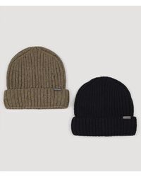 Larsson & Co - Stone & Navy Wool Blend 2 Pack Knitted Beanie Hat - Lyst