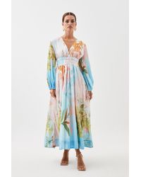 Karen Millen - Petite Ombre Botanical Siulk Cotton Plunge Maxi Dress - Lyst