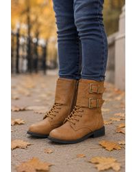 Spot on - Buckle Detail Lace Up Mid Calf Boots - Lyst