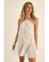 Nasty Gal - Cotton Voile Lace Insert Halter Neck Godet Mini Beach Dress - Lyst
